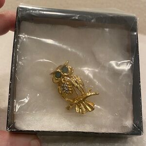 Gold Owl Brooch with Crystal Accents